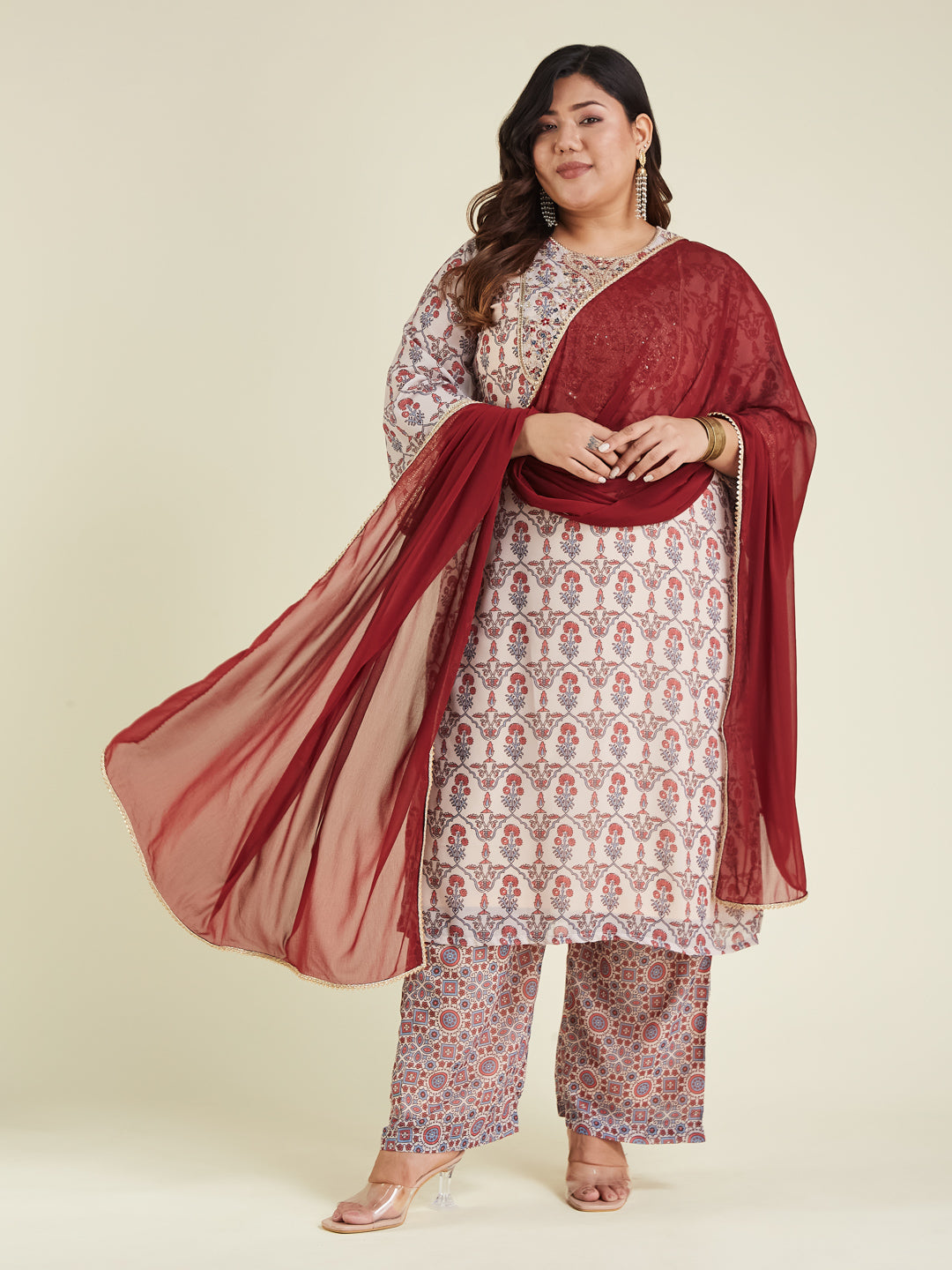 Janasya Light Georgette Yoke Embroidery A-Line Kurta Set | Grocsy