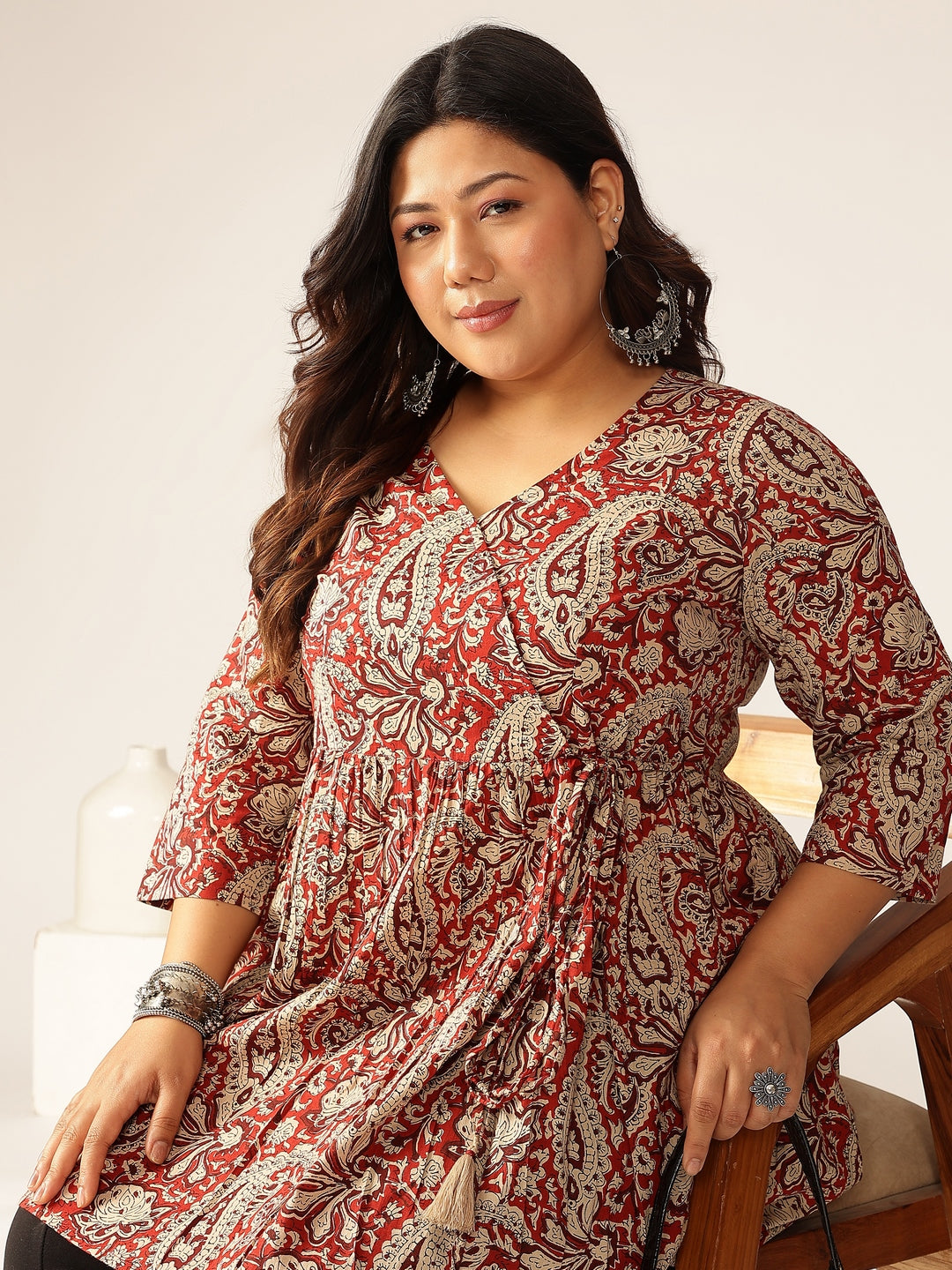 Janasya Dark Cotton Paisley Peplum Tunic | Grocsy