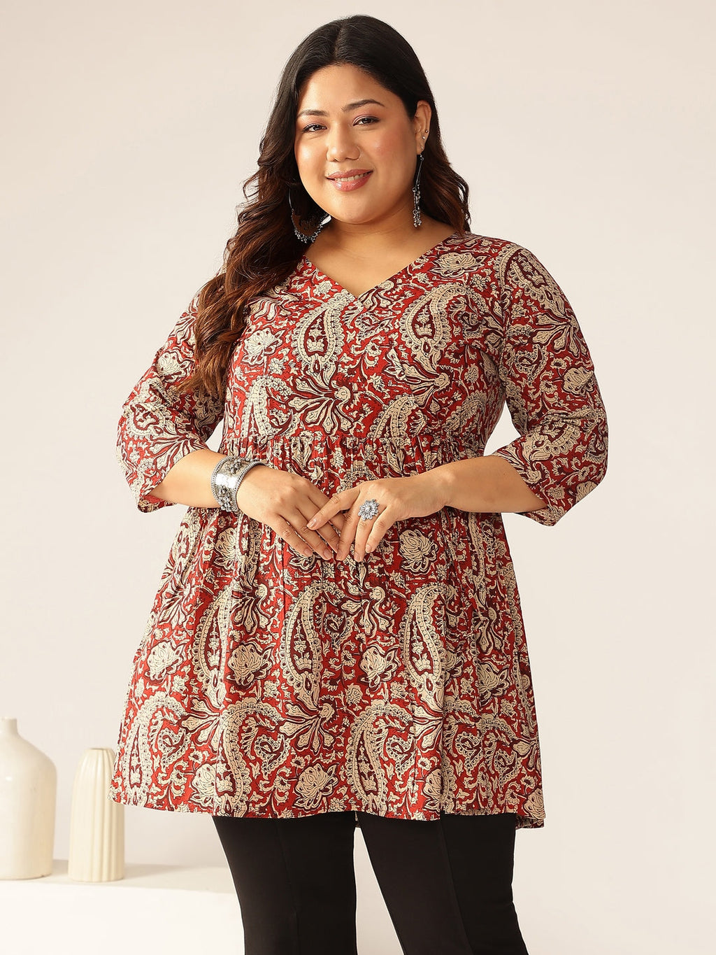 Janasya Dark Cotton Paisley Peplum Tunic | Grocsy
