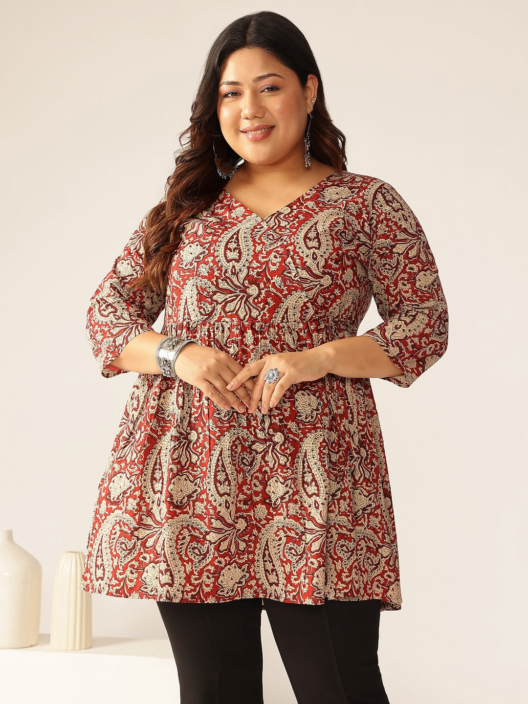 Janasya Dark Cotton Paisley Peplum Tunic | Grocsy