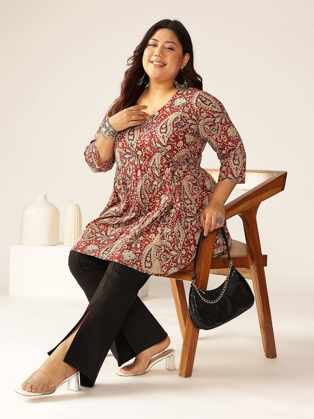 Janasya Dark Cotton Paisley Peplum Tunic | Grocsy