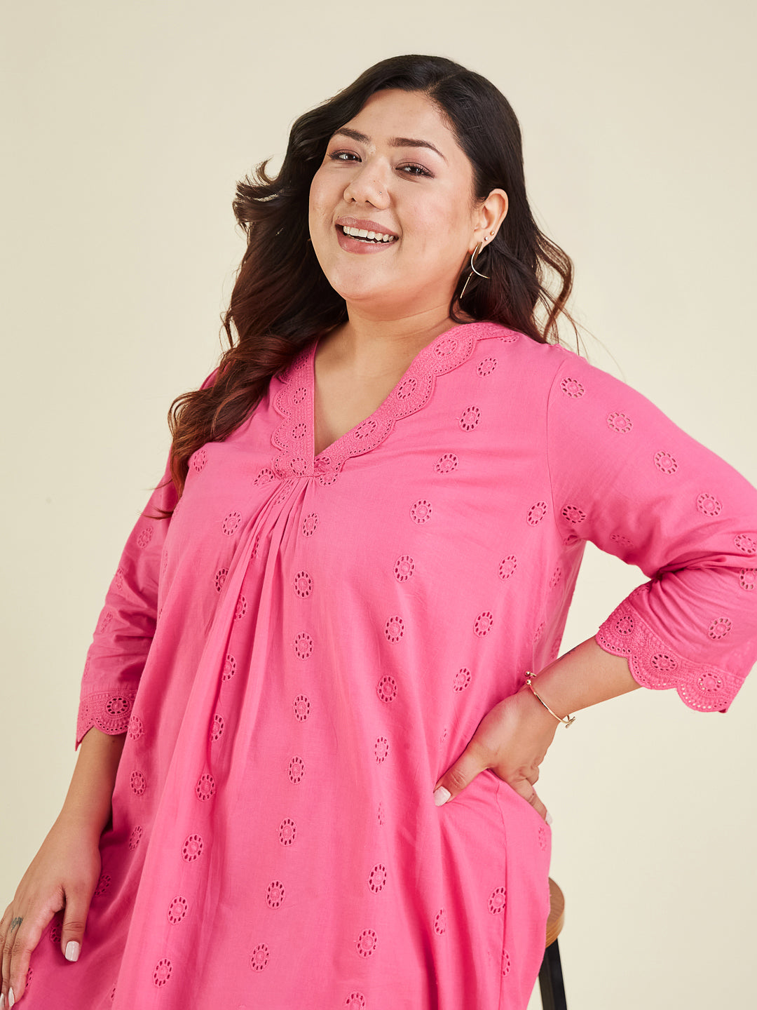 Janasya Bright Cotton Schiffli A-Line Tunic | Grocsy