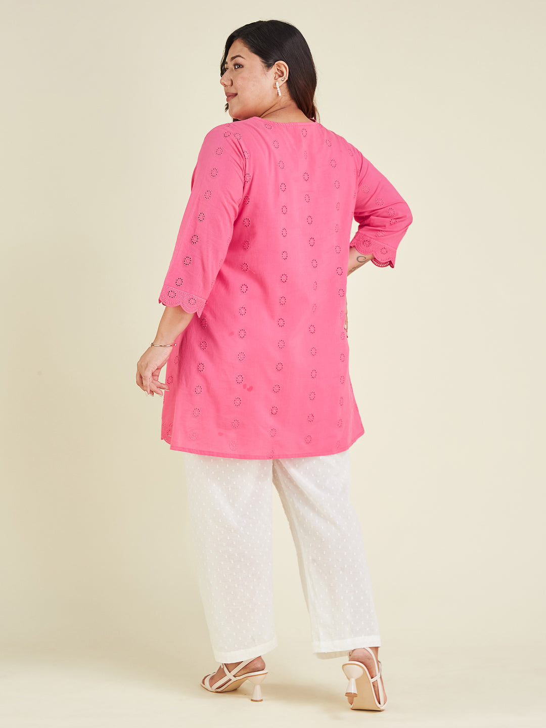 Janasya Bright Cotton Schiffli A-Line Tunic | Grocsy