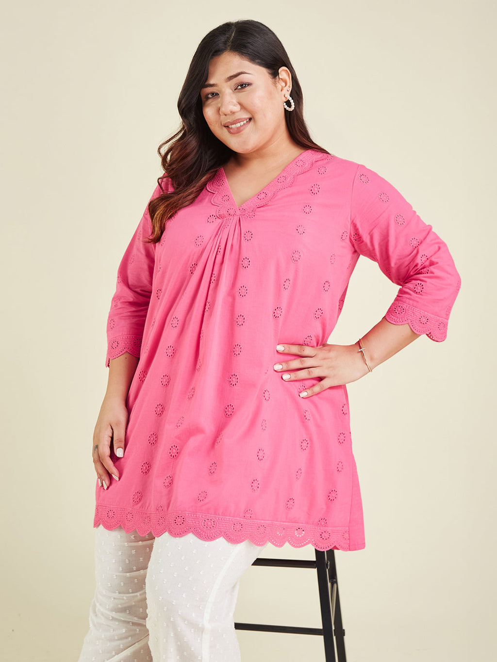 Janasya Bright Cotton Schiffli A-Line Tunic | Grocsy