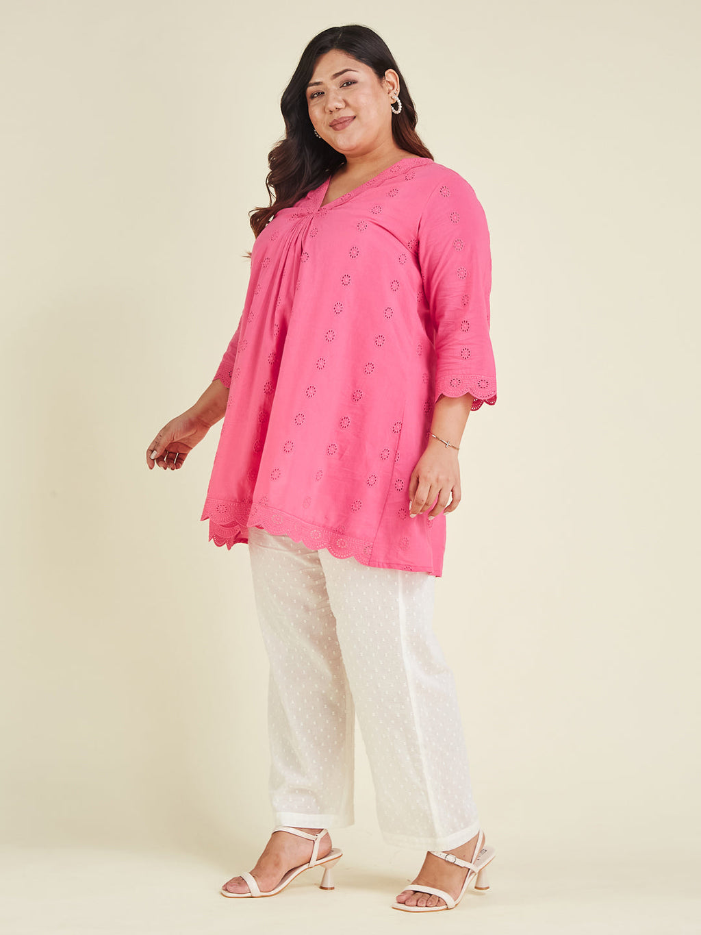 Janasya Bright Cotton Schiffli A-Line Tunic | Grocsy