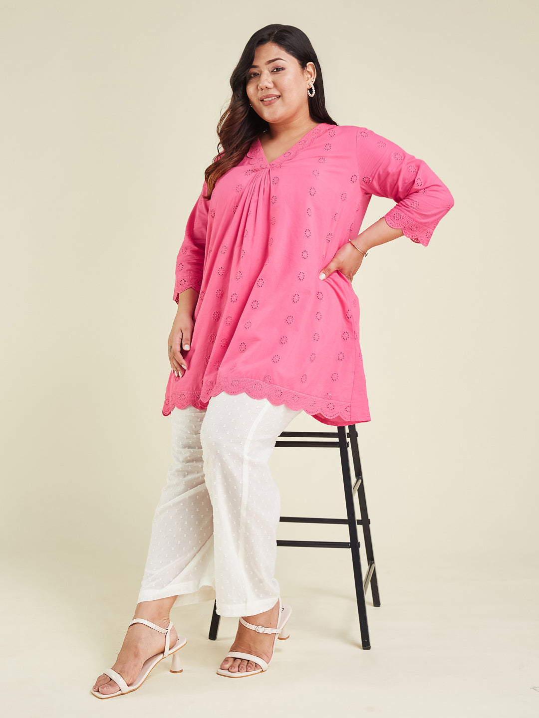 Janasya Bright Cotton Schiffli A-Line Tunic | Grocsy