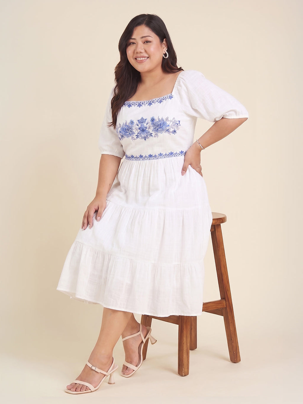 Janasya White Tiered Cotton Dress | Grocsy