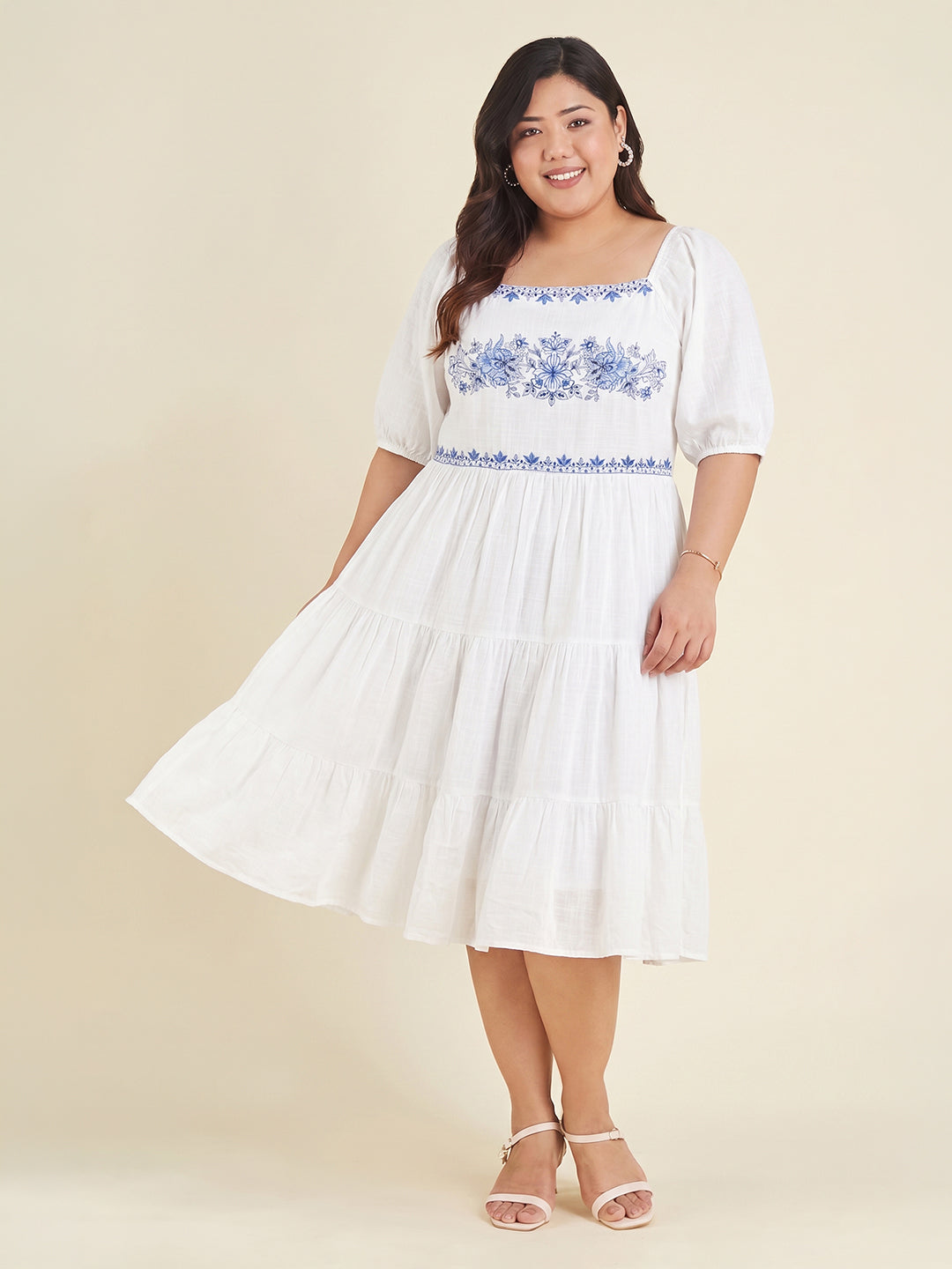 Janasya White Tiered Cotton Dress | Grocsy