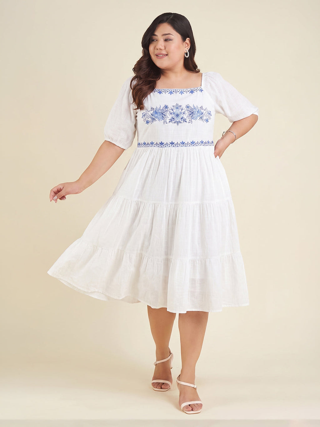 Janasya White Tiered Cotton Dress | Grocsy