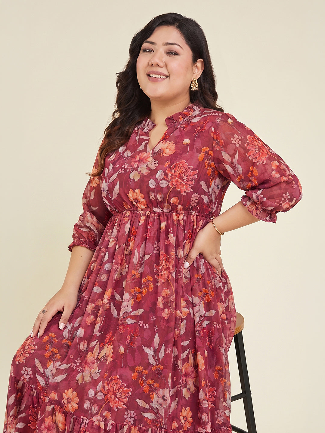 Janasya Red Fit & Flare Georgette Dress | Grocsy