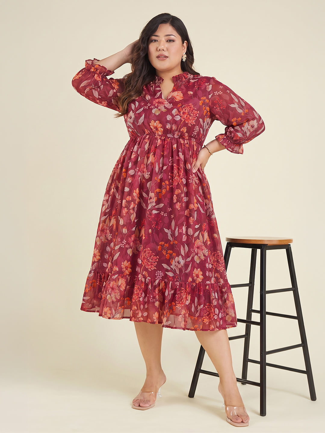 Janasya Red Fit & Flare Georgette Dress | Grocsy