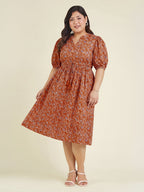 Janasya Orange Fit & Flare Cotton Dress | Grocsy