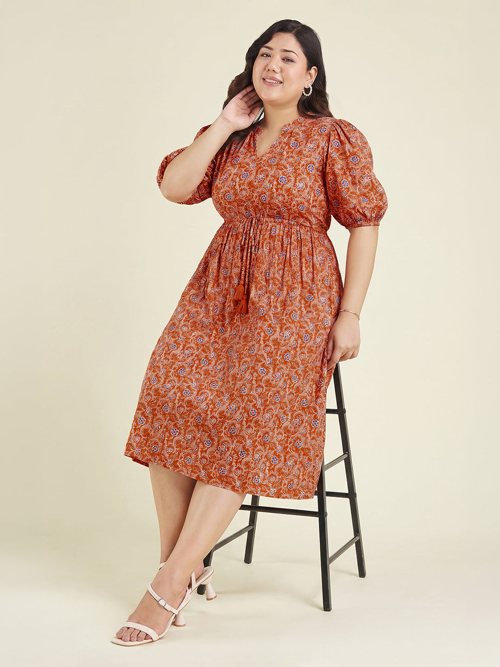 Janasya Orange Fit & Flare Cotton Dress | Grocsy