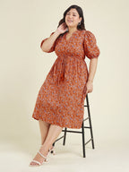 Janasya Orange Fit & Flare Cotton Dress | Grocsy
