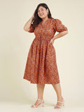Janasya Orange Fit & Flare Cotton Dress | Grocsy