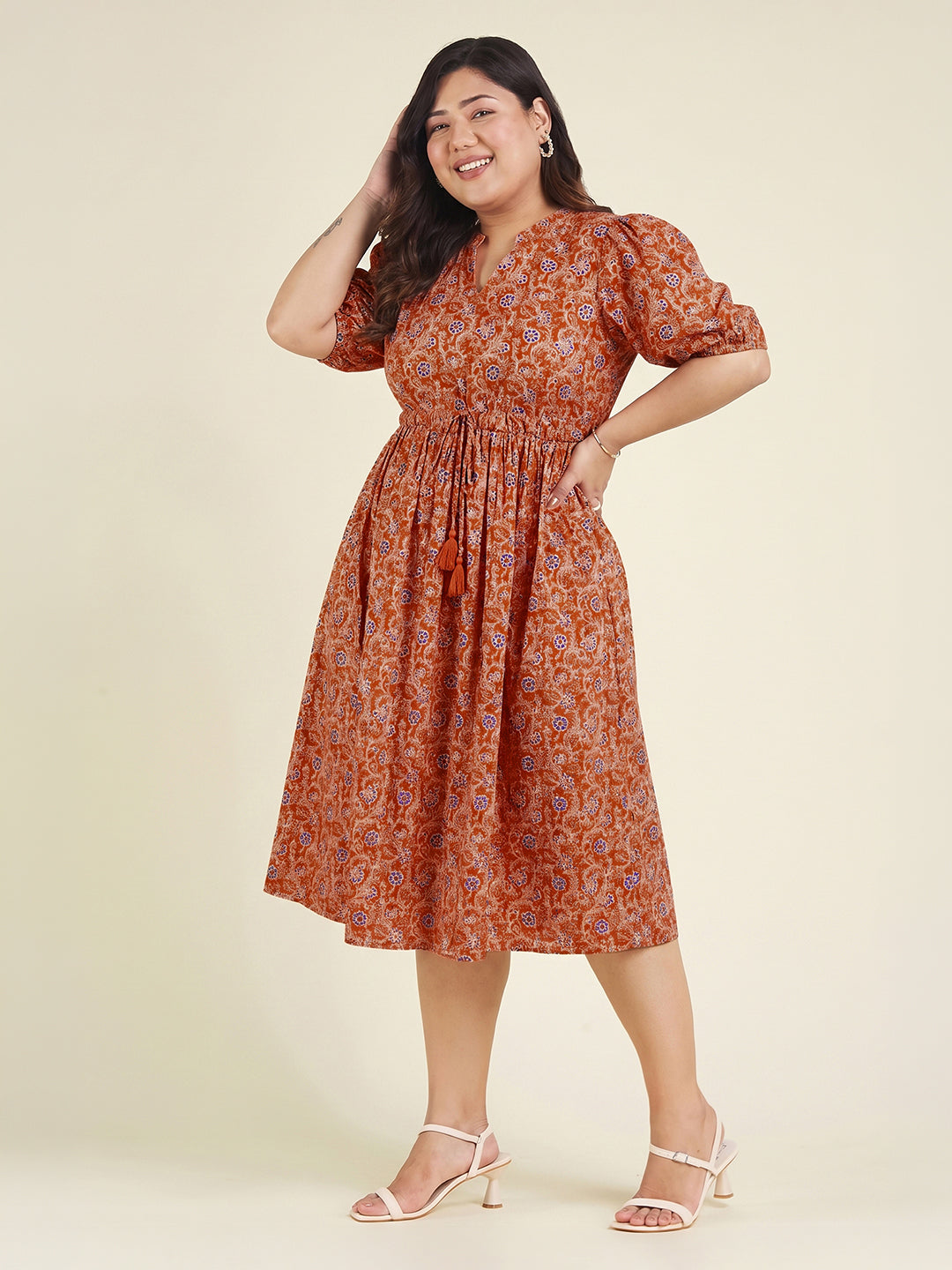 Janasya Orange Fit & Flare Cotton Dress | Grocsy