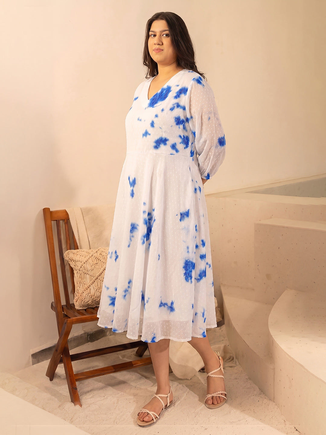 Janasya White Fit & Flare Dobby Georgette Dress | Grocsy