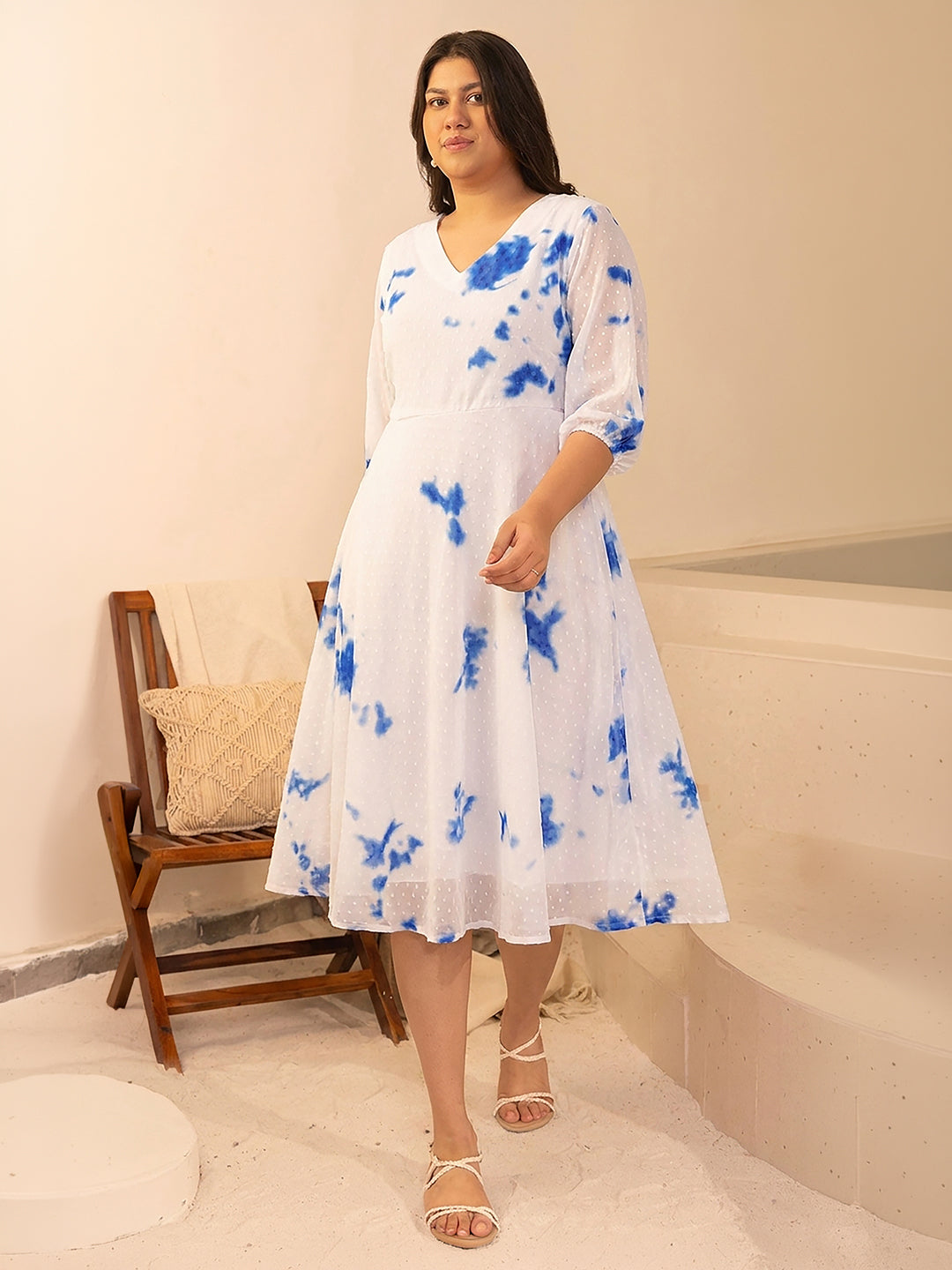 Janasya White Fit & Flare Dobby Georgette Dress | Grocsy