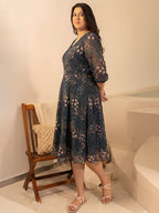 Janasya Charcoal Fit & Flare Georgette Dress | Grocsy