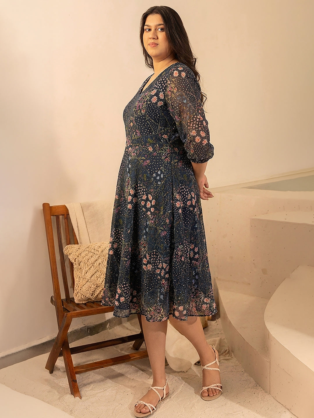 Janasya Charcoal Fit & Flare Georgette Dress | Grocsy