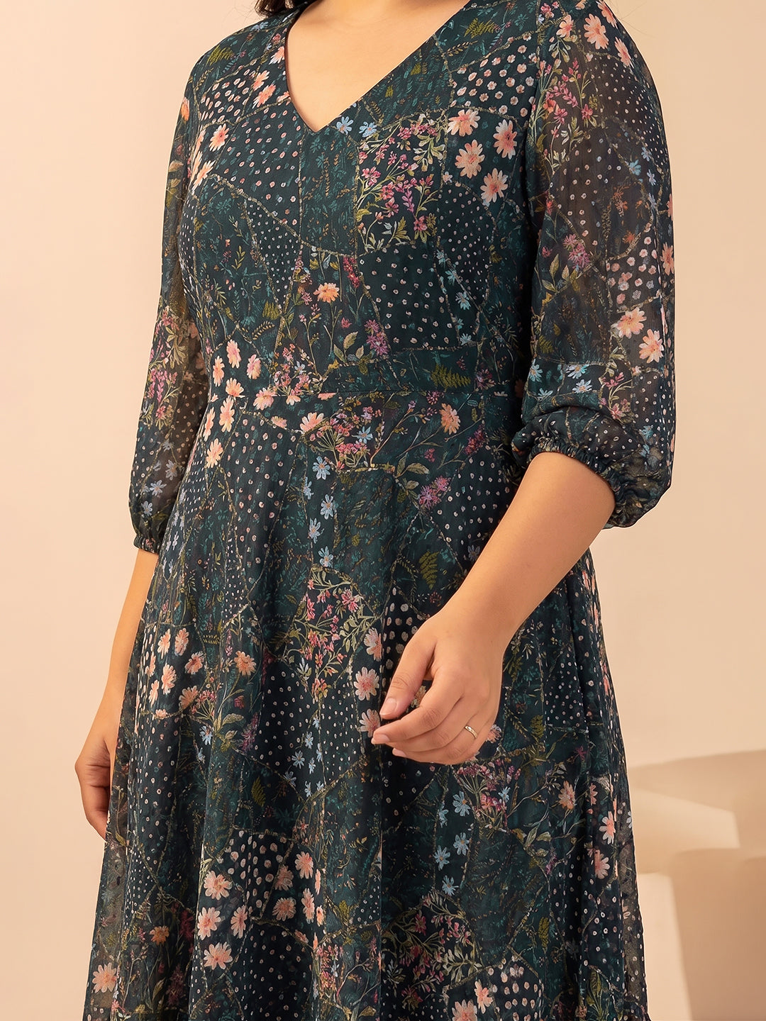 Janasya Charcoal Fit & Flare Georgette Dress | Grocsy