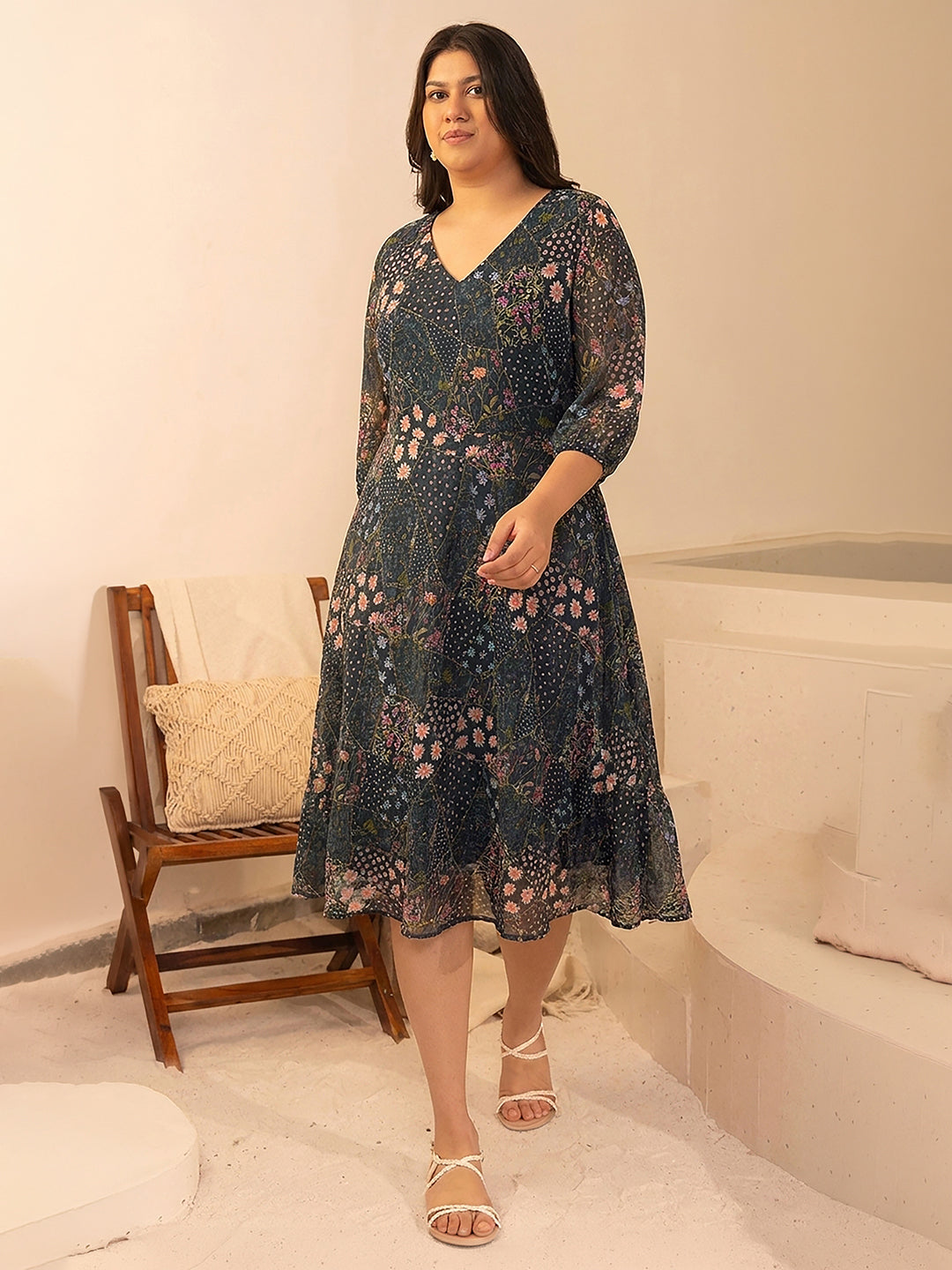 Janasya Charcoal Fit & Flare Georgette Dress | Grocsy