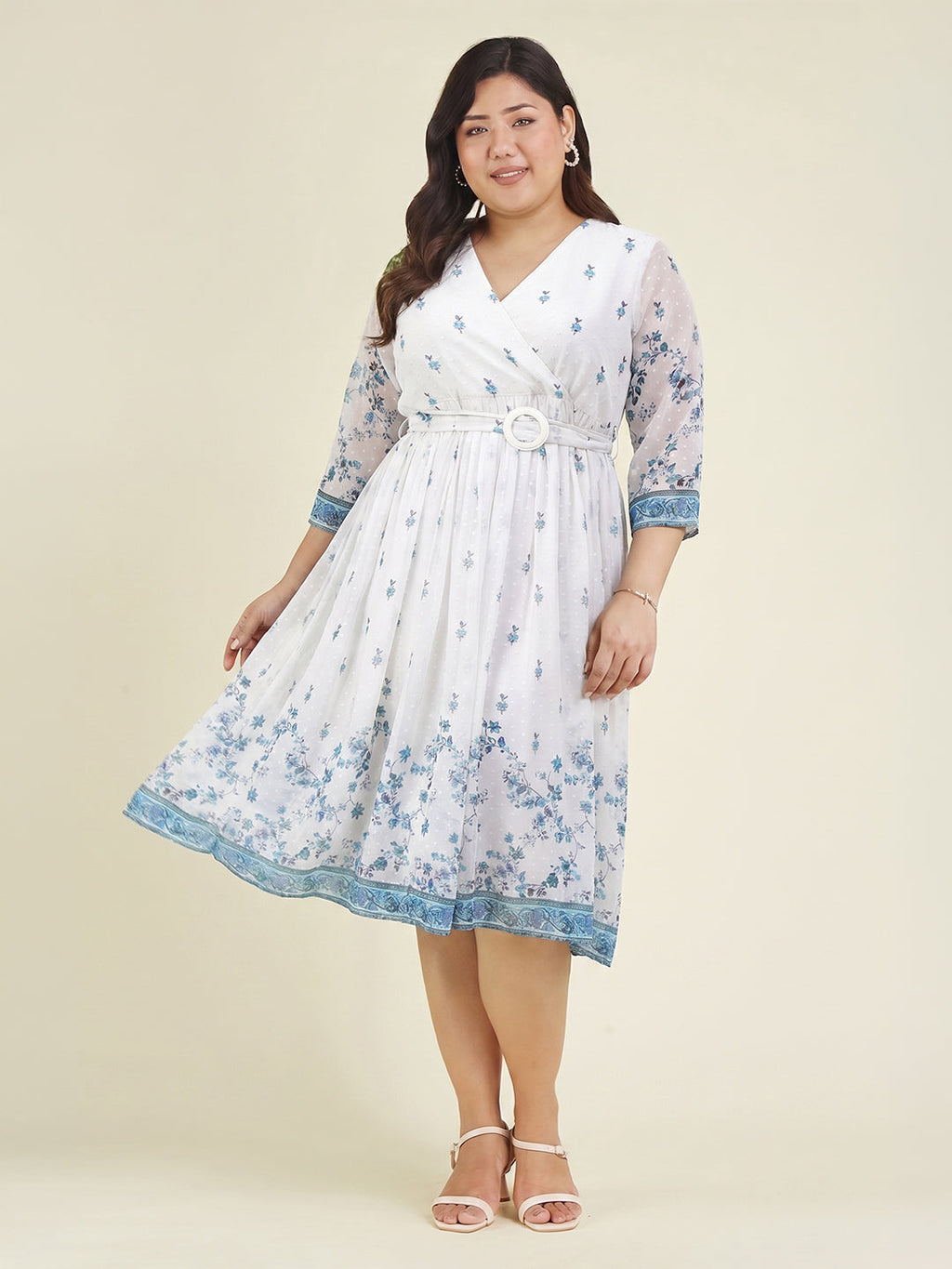 Janasya White Fit & Flare Dobby Georgette Dress | Grocsy
