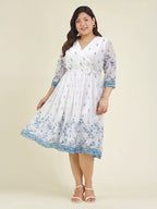 Janasya White Fit & Flare Dobby Georgette Dress | Grocsy