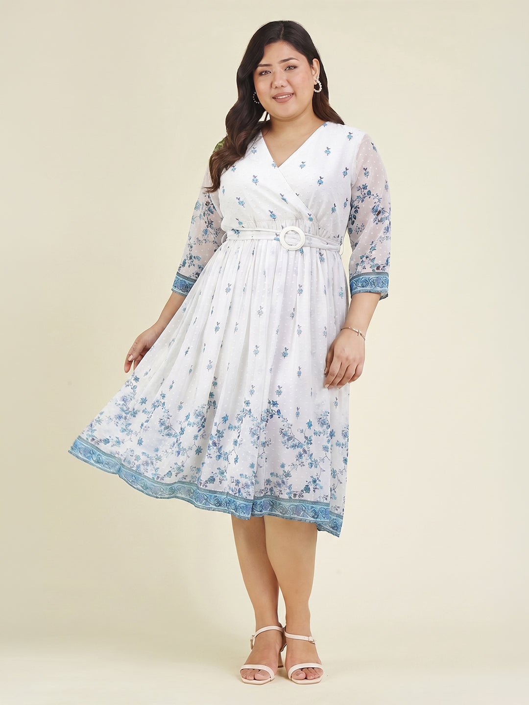 Janasya White Fit & Flare Dobby Georgette Dress | Grocsy