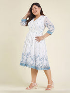 Janasya White Fit & Flare Dobby Georgette Dress | Grocsy