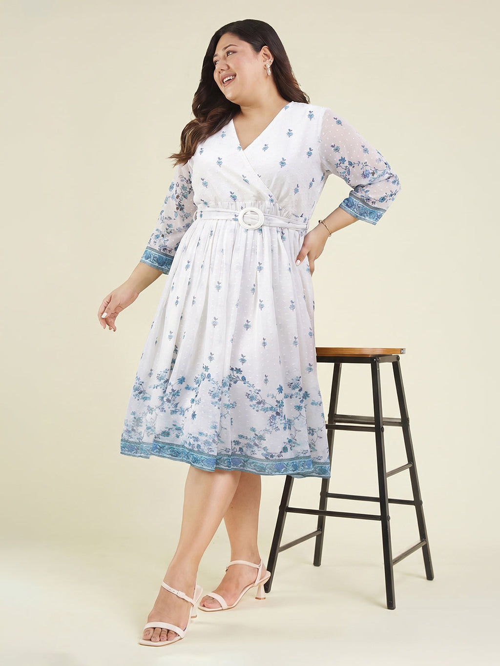 Janasya White Fit & Flare Dobby Georgette Dress | Grocsy