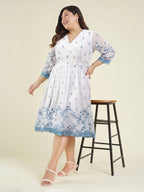 Janasya White Fit & Flare Dobby Georgette Dress | Grocsy