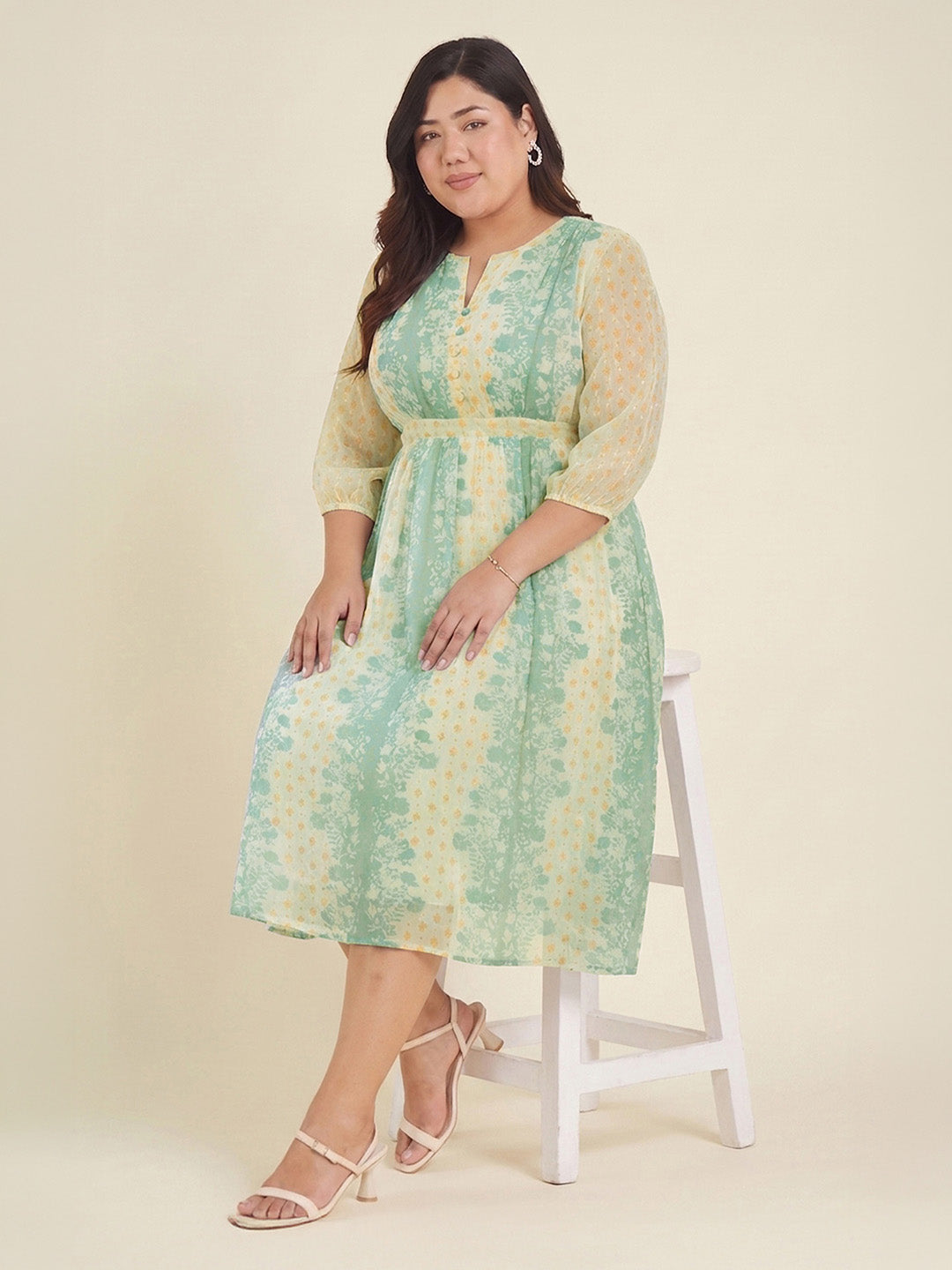 Janasya Cream Fit & Flare Dobby Georgette Dress | Grocsy