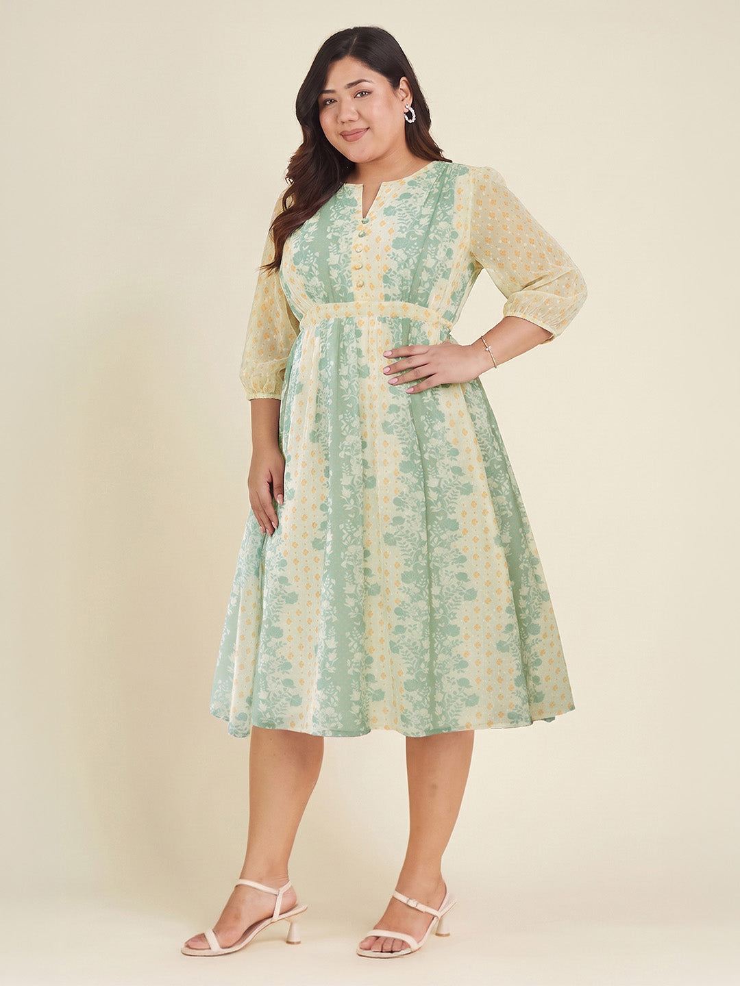 Janasya Cream Fit & Flare Dobby Georgette Dress | Grocsy