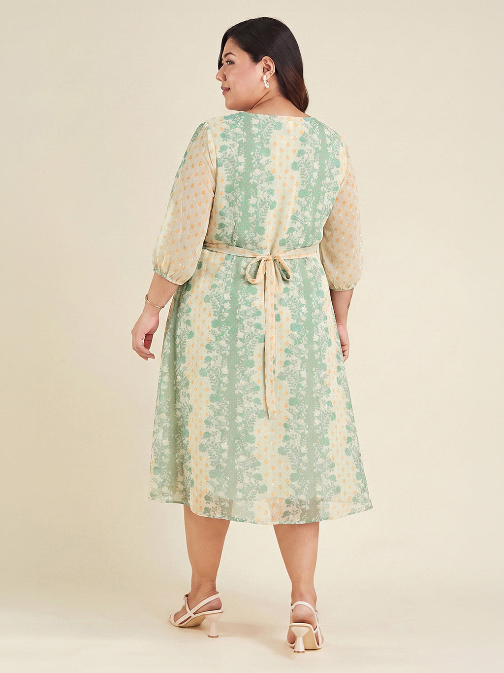 Janasya Cream Fit & Flare Dobby Georgette Dress | Grocsy