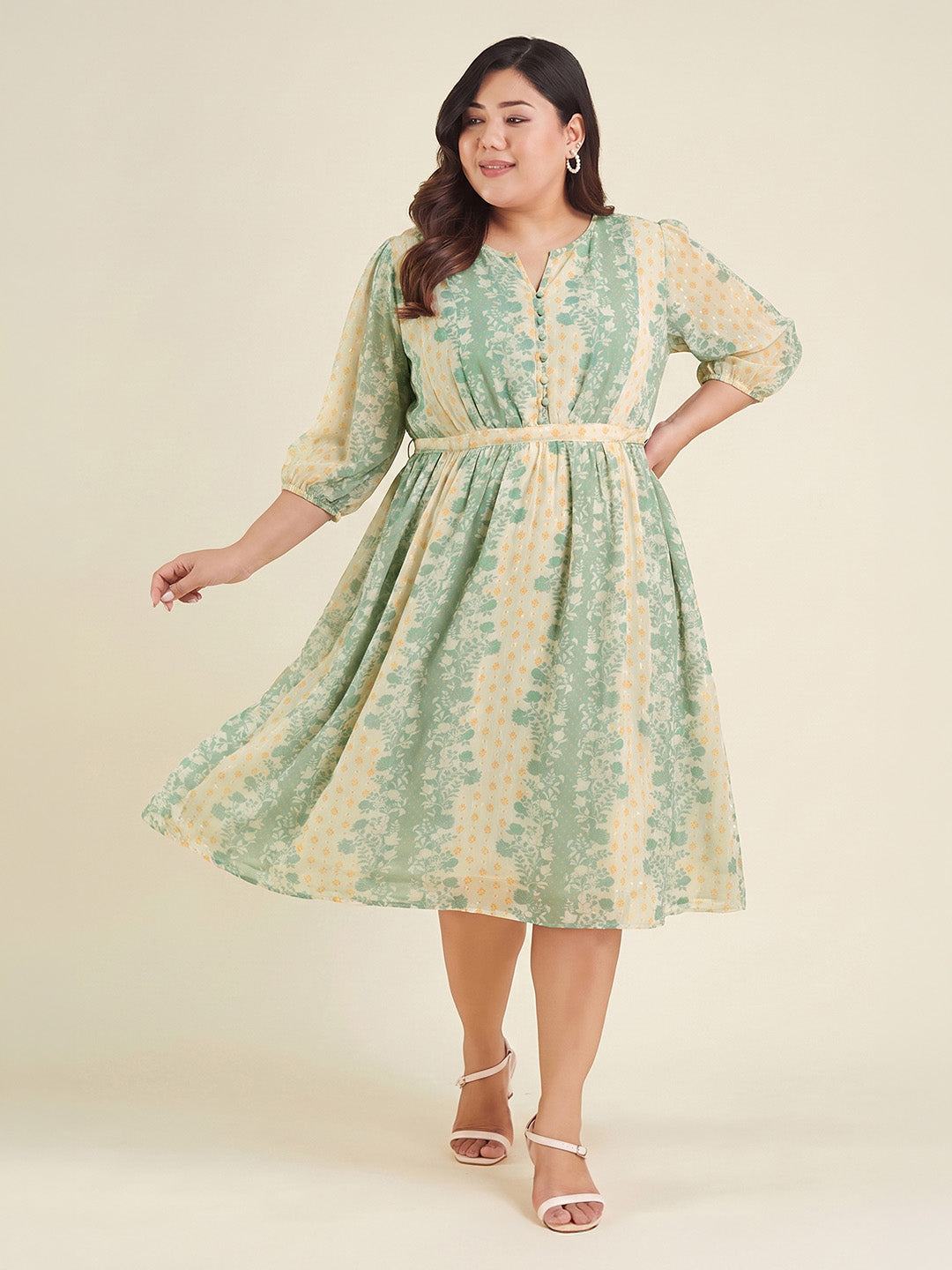 Janasya Cream Fit & Flare Dobby Georgette Dress | Grocsy