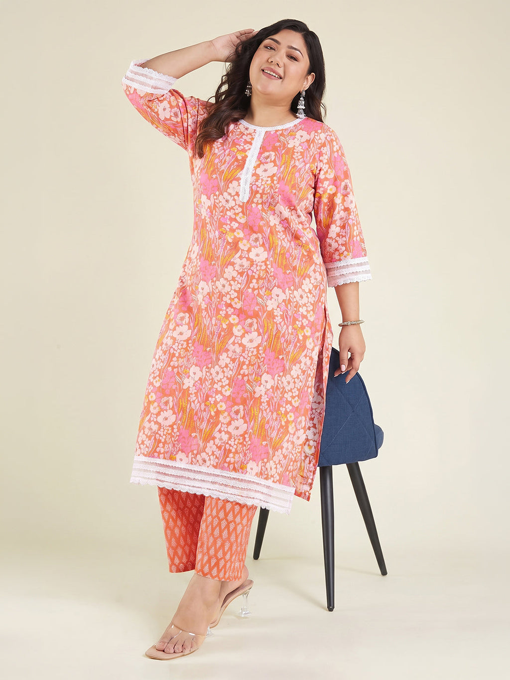 Janasya Orange Straight Cotton Kurta & Bottom | Grocsy