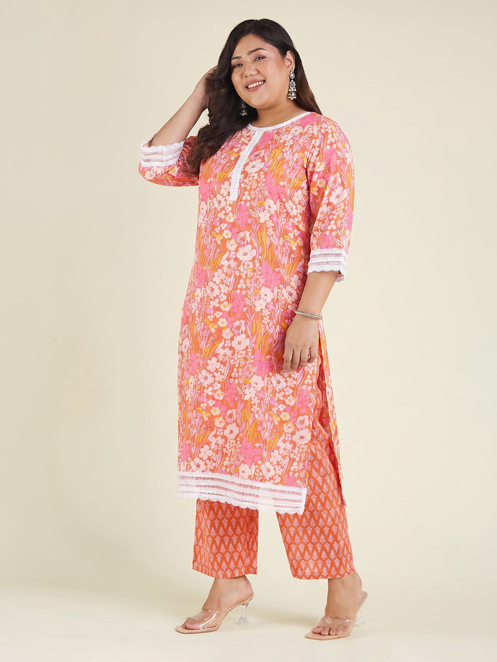 Janasya Orange Straight Cotton Kurta & Bottom | Grocsy