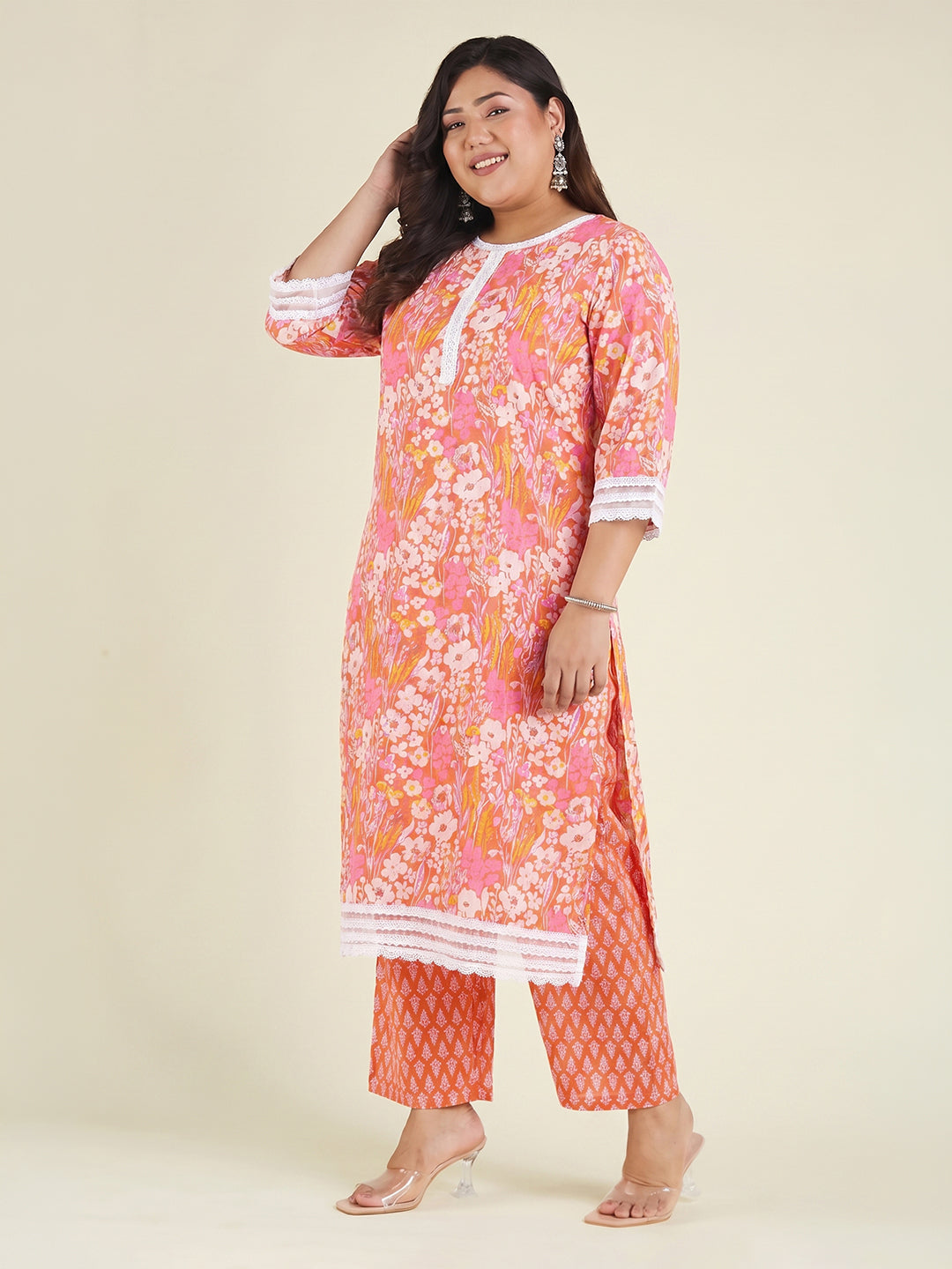 Janasya Orange Straight Cotton Kurta & Bottom | Grocsy