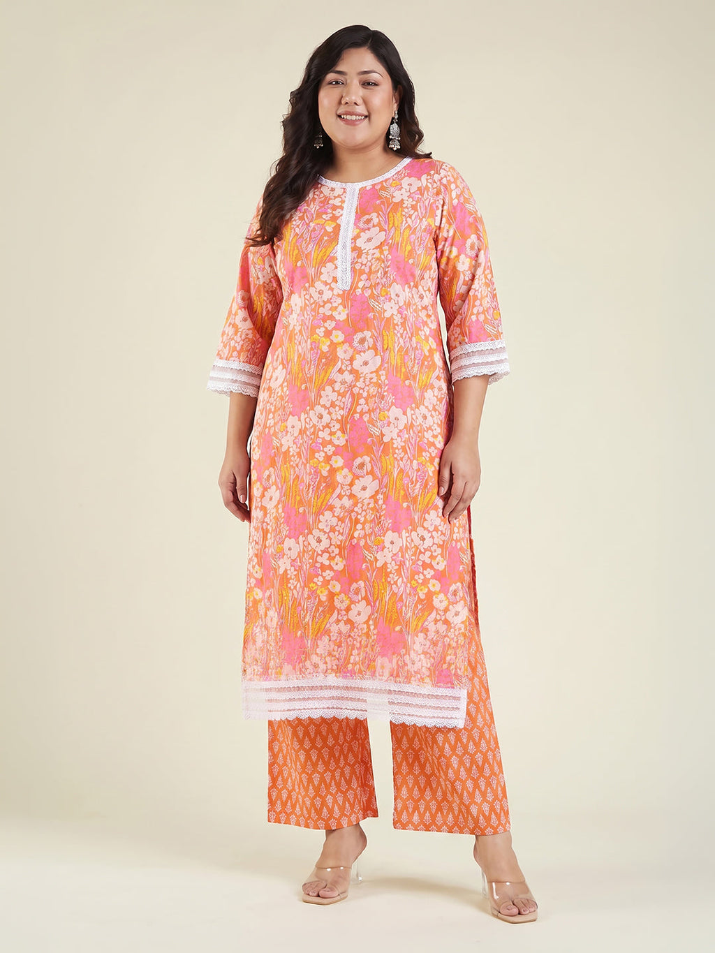 Janasya Orange Straight Cotton Kurta & Bottom | Grocsy