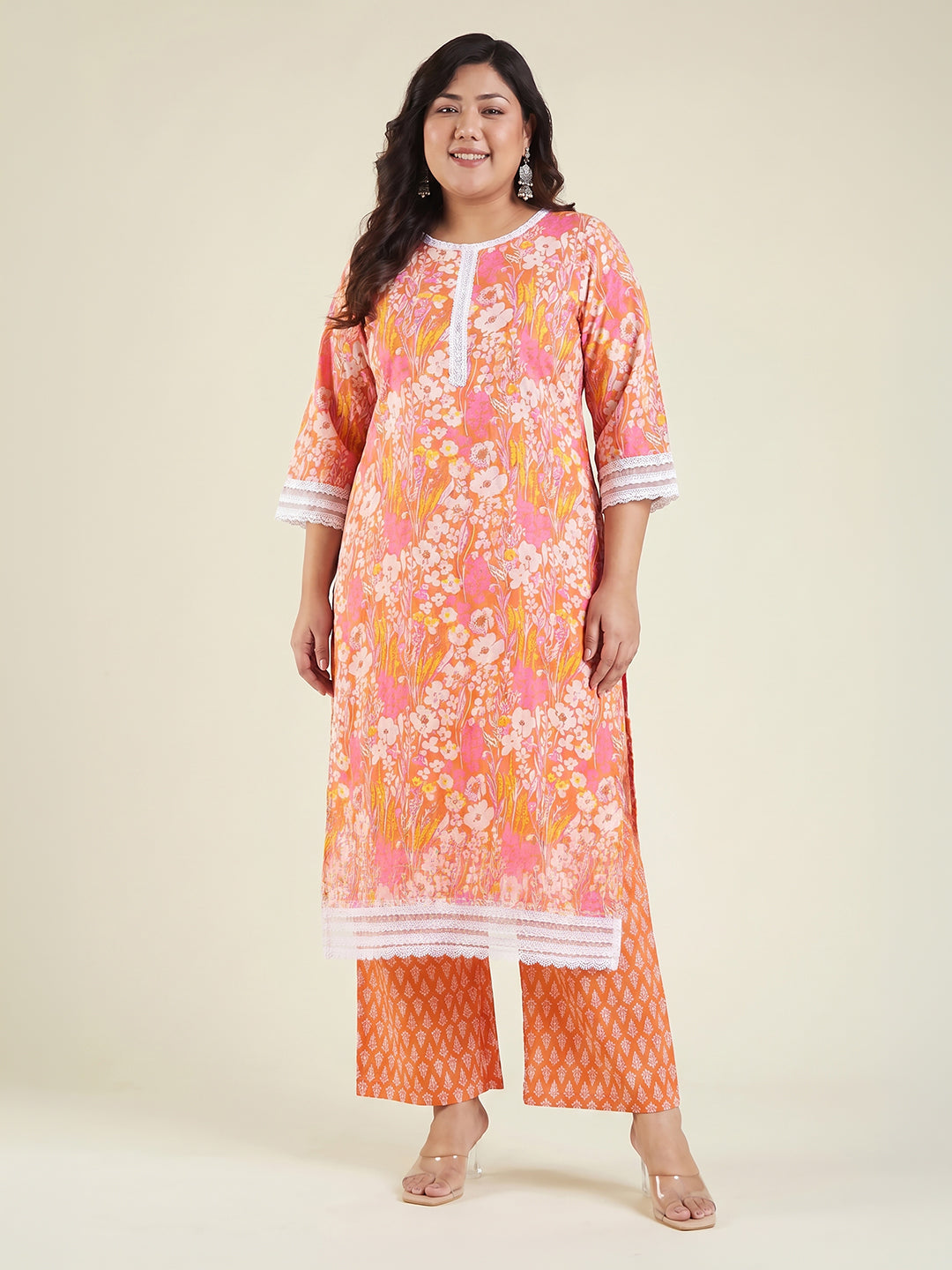 Janasya Orange Straight Cotton Kurta & Bottom | Grocsy
