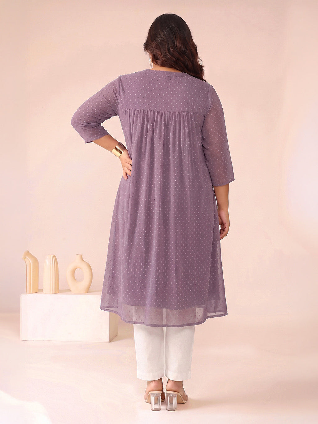 Janasya Lavender A-Line Dobby Chiffon Kurta | Grocsy