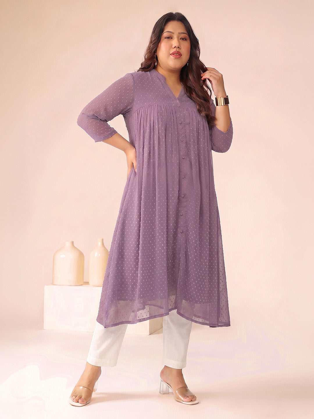 Janasya Lavender A-Line Dobby Chiffon Kurta | Grocsy