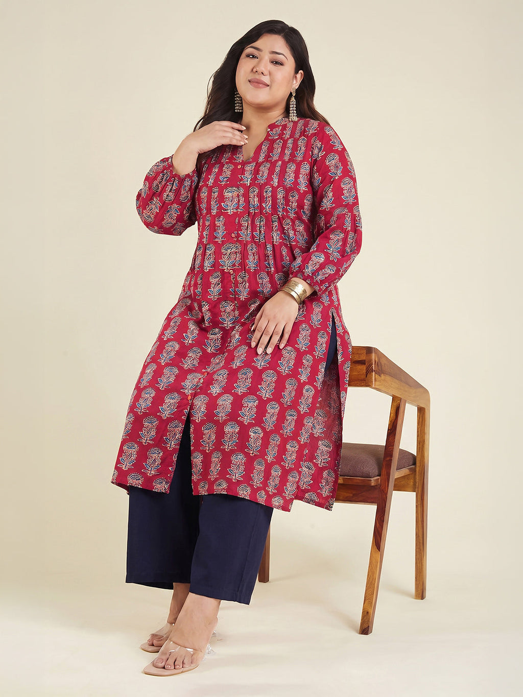 Janasya Maroon Straight Cotton Kurta | Grocsy