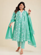Janasya Sea Green Straight Cotton Kurta,Bottom & Dupatta | Grocsy