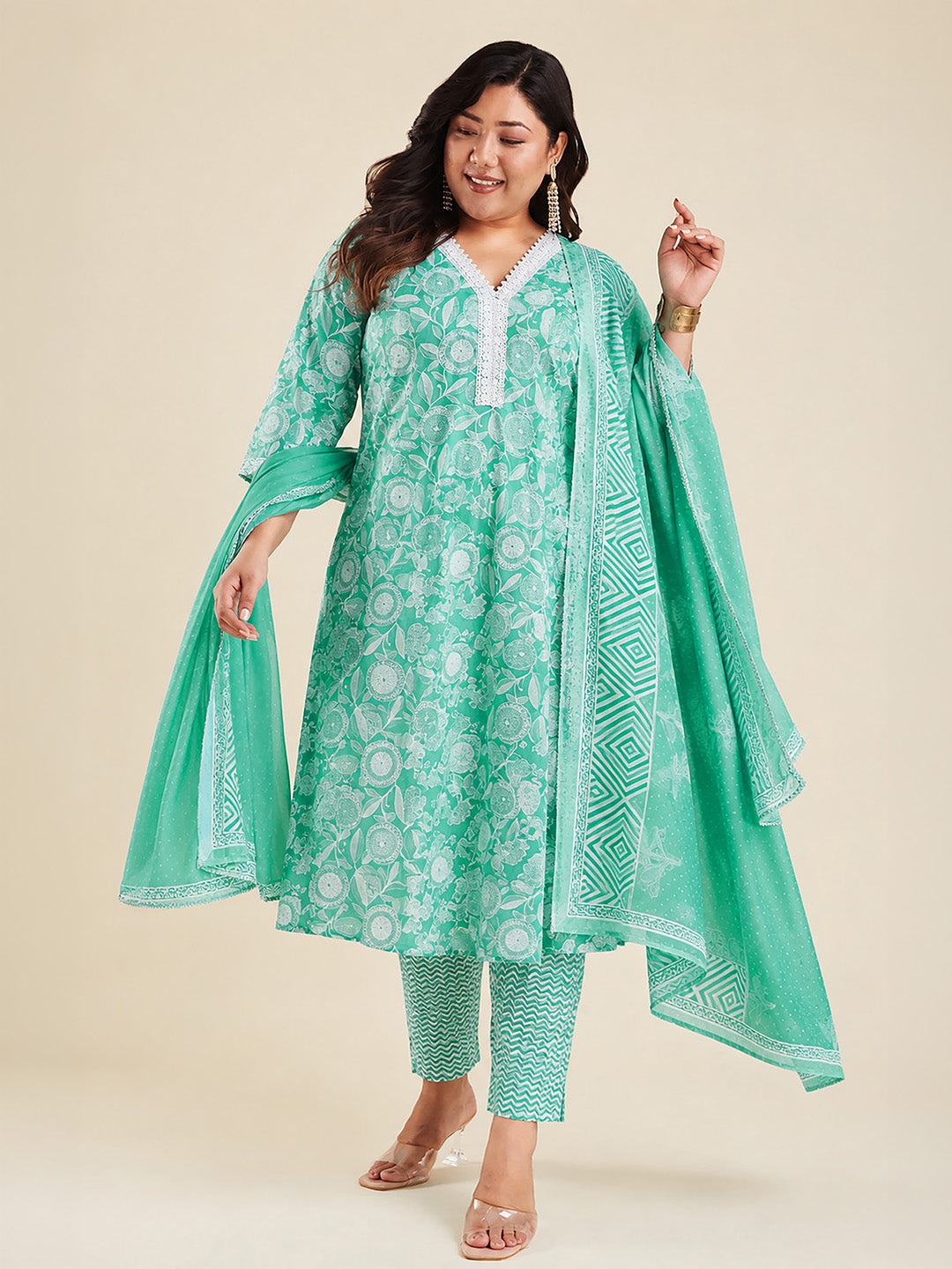 Janasya Sea Green Straight Cotton Kurta,Bottom & Dupatta | Grocsy