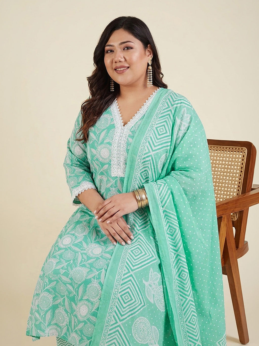 Janasya Sea Green Straight Cotton Kurta,Bottom & Dupatta | Grocsy