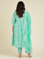 Janasya Sea Green Straight Cotton Kurta,Bottom & Dupatta | Grocsy