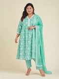 Janasya Sea Green Straight Cotton Kurta,Bottom & Dupatta | Grocsy