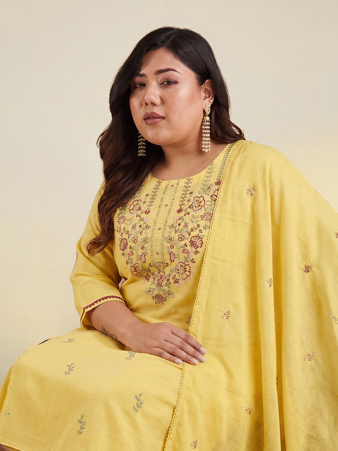 Janasya Yellow Straight Cotton Kurta,Bottom & Dupatta | Grocsy